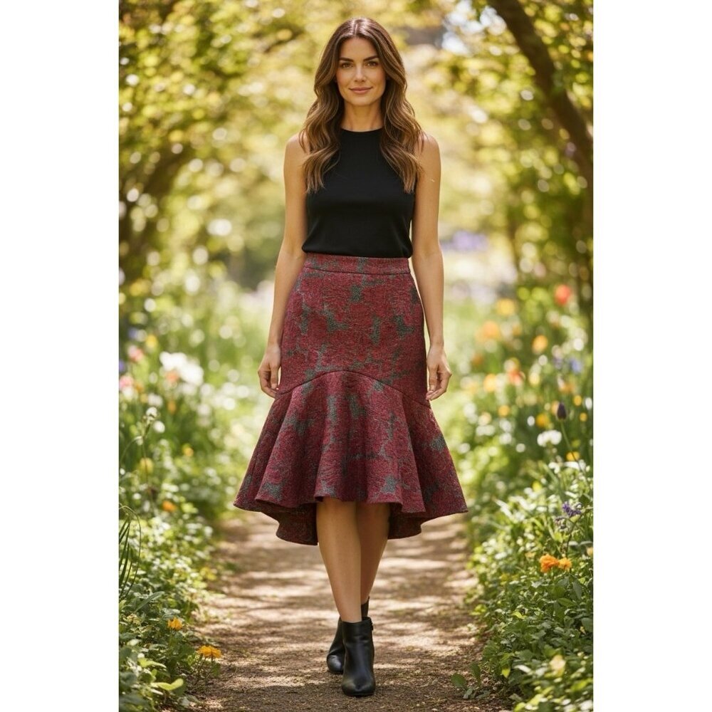 Rachel Parcell Metallic Floral Jacquard Fit & Flare Skirt Red Black Size 8 Boho